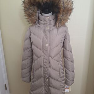 Michael Kors Womens Taupe Puffer Coat with Faux Fur Trim